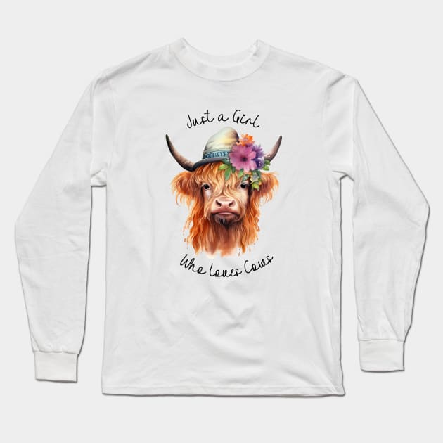 Just a Girl Who Loves Cows Highland Cow Watercolor Art Long Sleeve T-Shirt by AdrianaHolmesArt